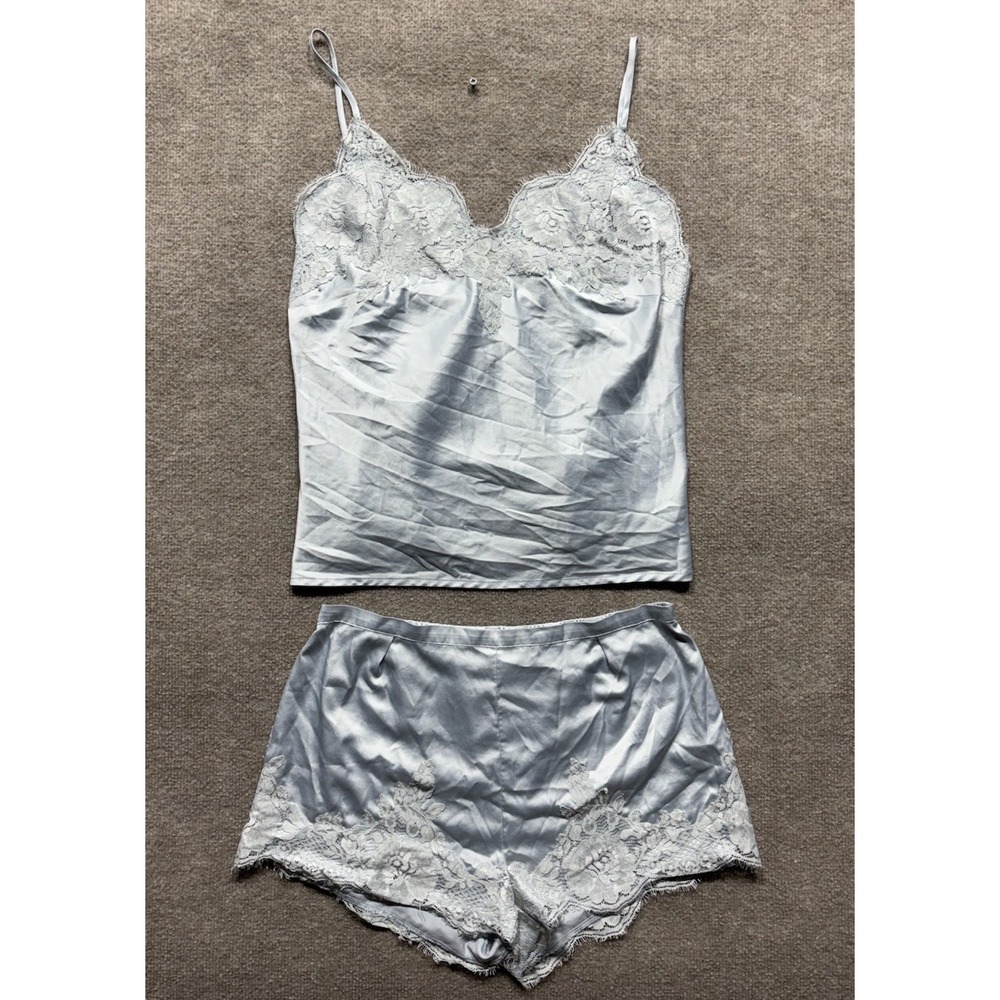 Homebodii French Toile Satin Pajama Set Medium Blue Lace EUC Top & Bottom